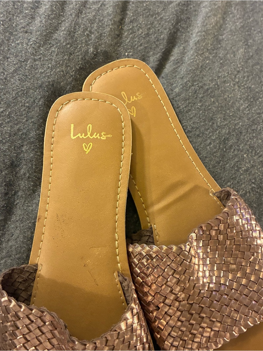Lulu's Metallic Woven Slide Sandals in Tan and Rose Gold